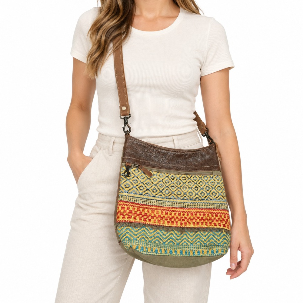 Myra Canvas Leather Woven Crossbody Bag Boho Western Fringe Adjustable Strap